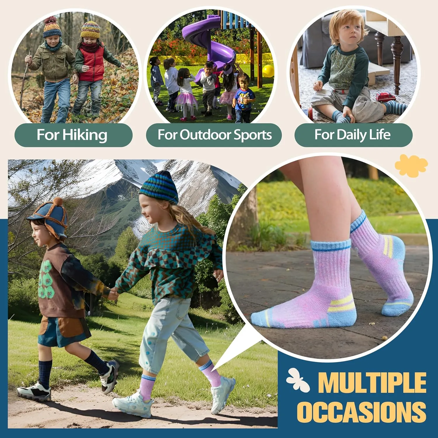 Kids Merino Wool Hiking Socks Boys Girls Toddler Thermal Winter Warm Thick Cushioned Moisture Wicking Socks 6 Pairs