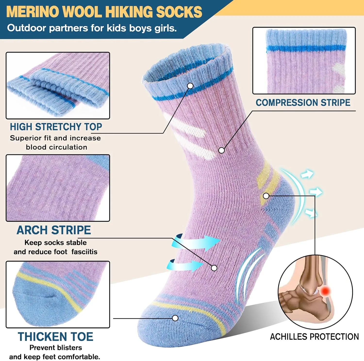 Kids Merino Wool Hiking Socks Boys Girls Toddler Thermal Winter Warm Thick Cushioned Moisture Wicking Socks 6 Pairs