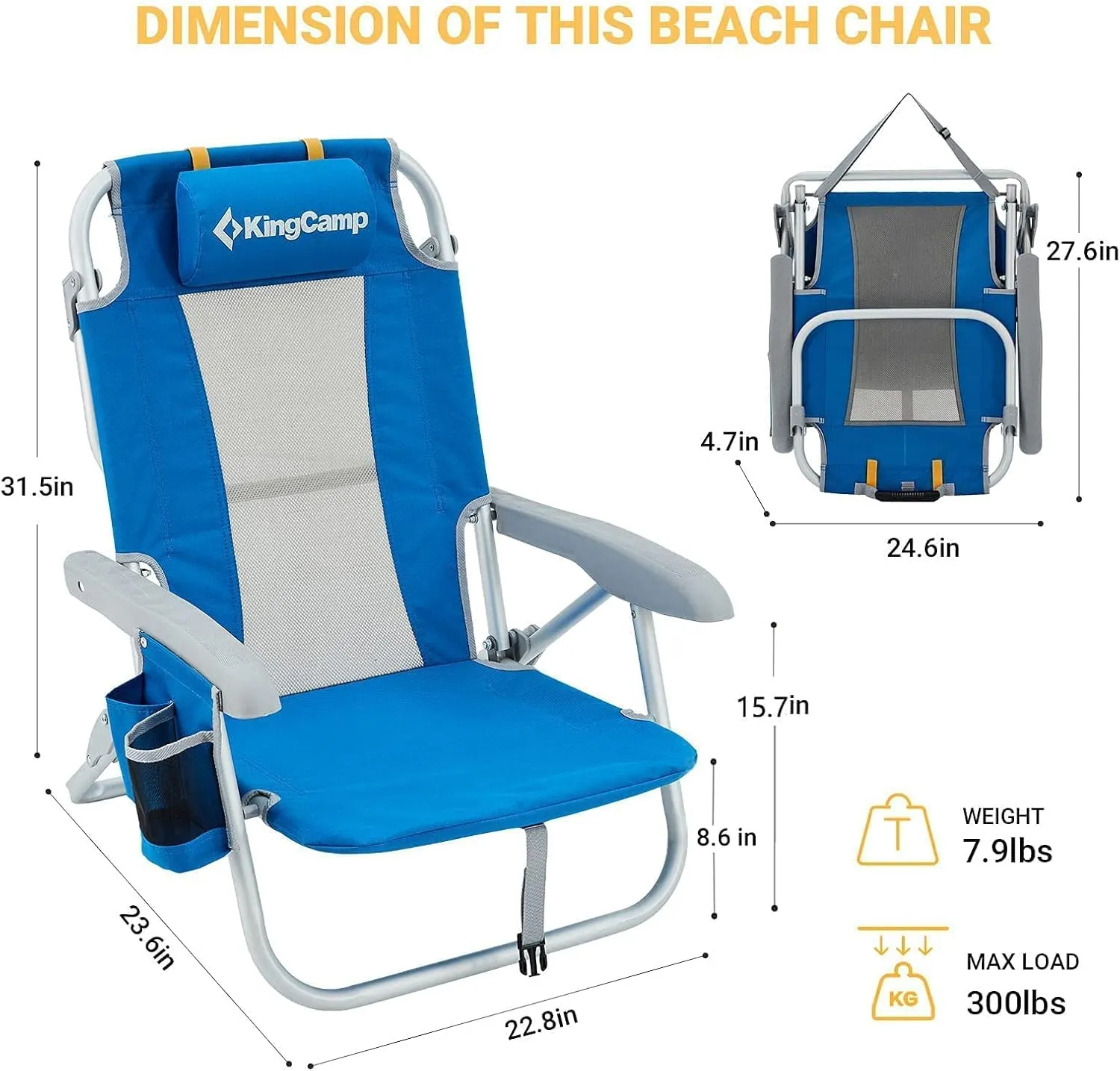 KingCamp Low Folding Beach Chair - Portable & Heavy Duty Beach Gear with 300lbs Capacity, Low Seat Design, Lightweight Camping Chair for Adults, Beach, Picnic, Concert & Outdoor Activities
