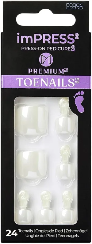 KISS imPRESS No Glue Pedi Press-On Toenails, White Nails with Pearl, Squoval Shape, Includes 24 Nails, Prep Pad, 1 Manicure Stick, 1 Mini File