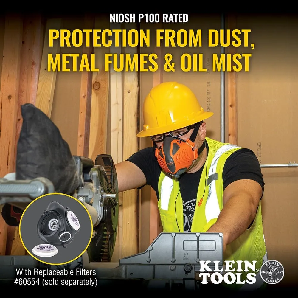 Klein Tools 60552 Reusable P100 Half-Mask Respirator with Replaceable Filters for Dust, Metal Fumes, and Oil Mist, M/L