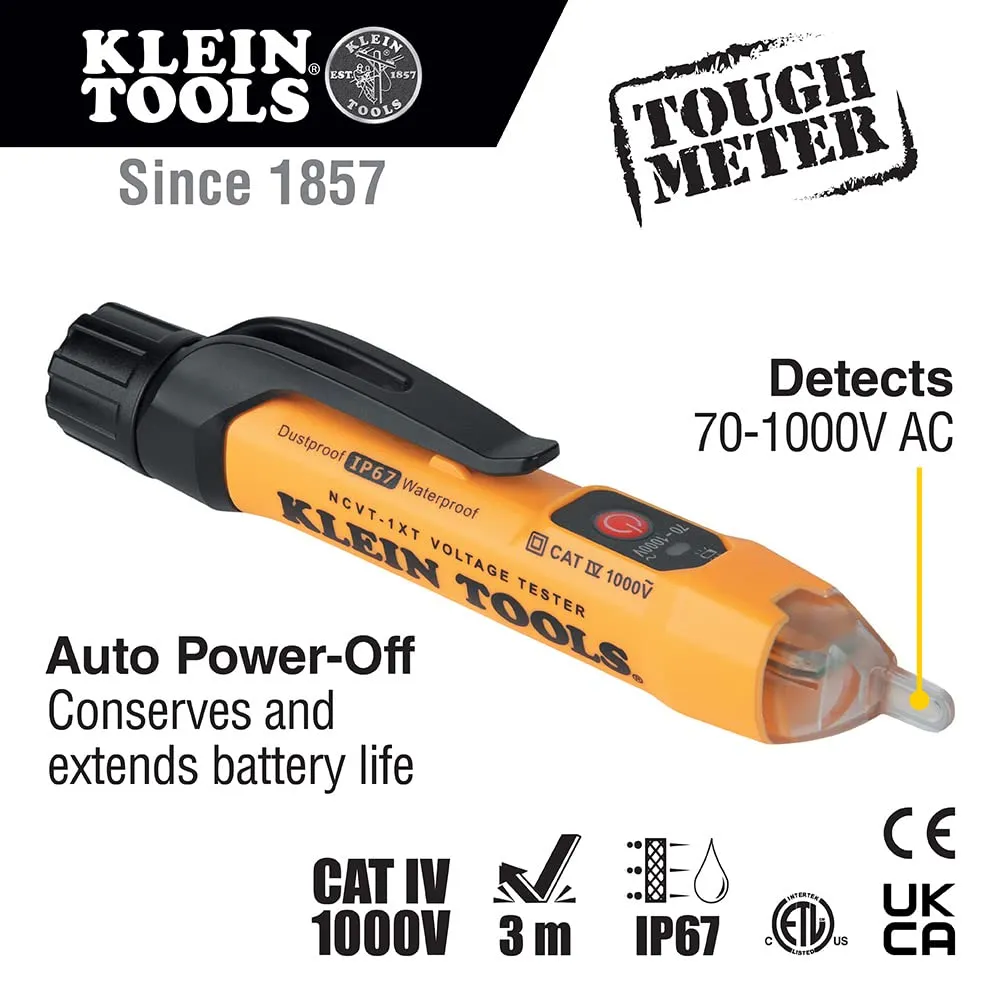 Klein Tools NCVT1XT Voltage Tester, Non-Contact Low Voltage Test Pen, 70V to 1000V AC, Durable IP67 Tester is Dustproof and Waterproof