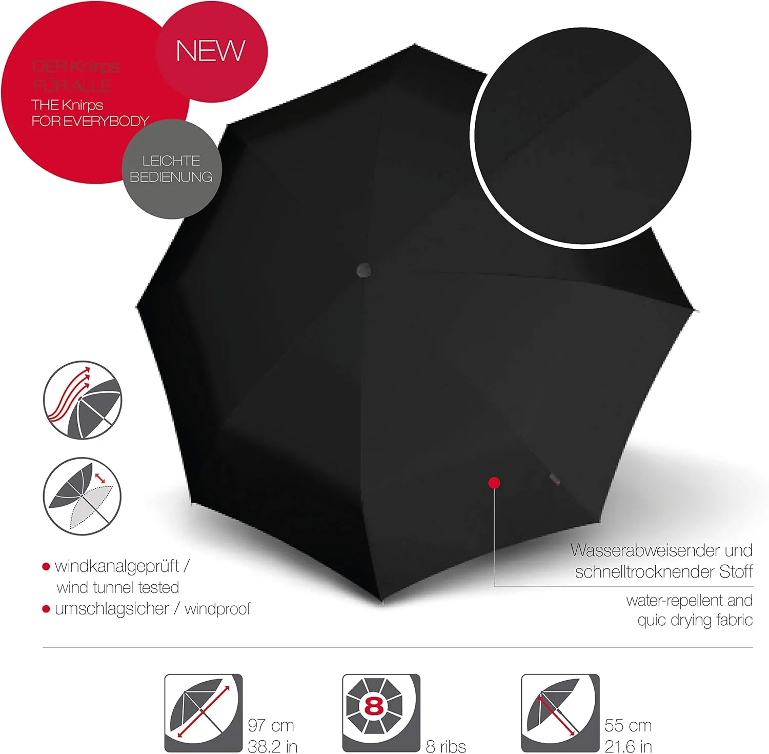 Knirps A.200 Medium Duomatic Windproof Umbrella for Adults – Automatic Open Close 38.5" Canopy, Travel Case Included