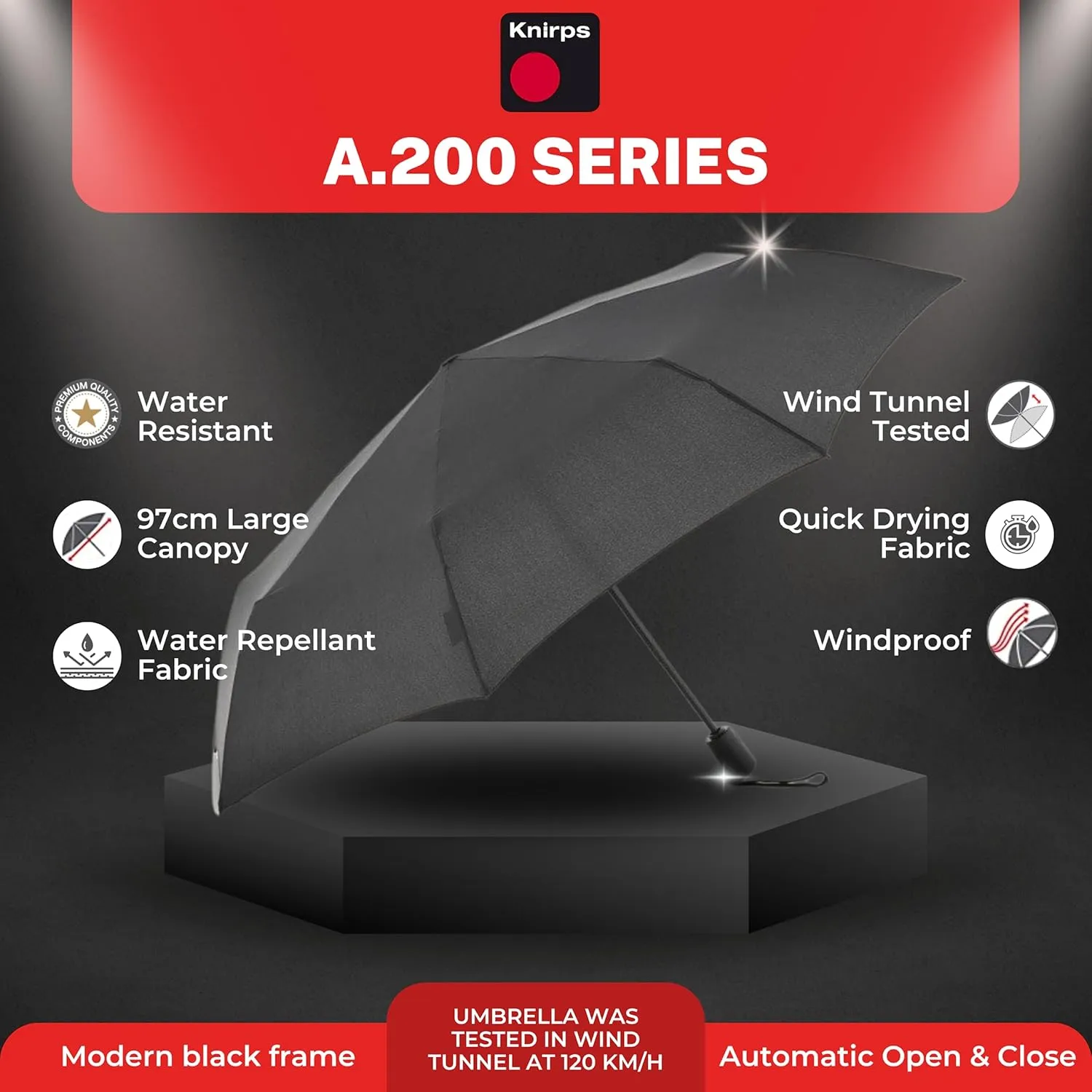 Knirps A.200 Medium Duomatic Windproof Umbrella for Adults – Automatic Open Close 38.5" Canopy, Travel Case Included