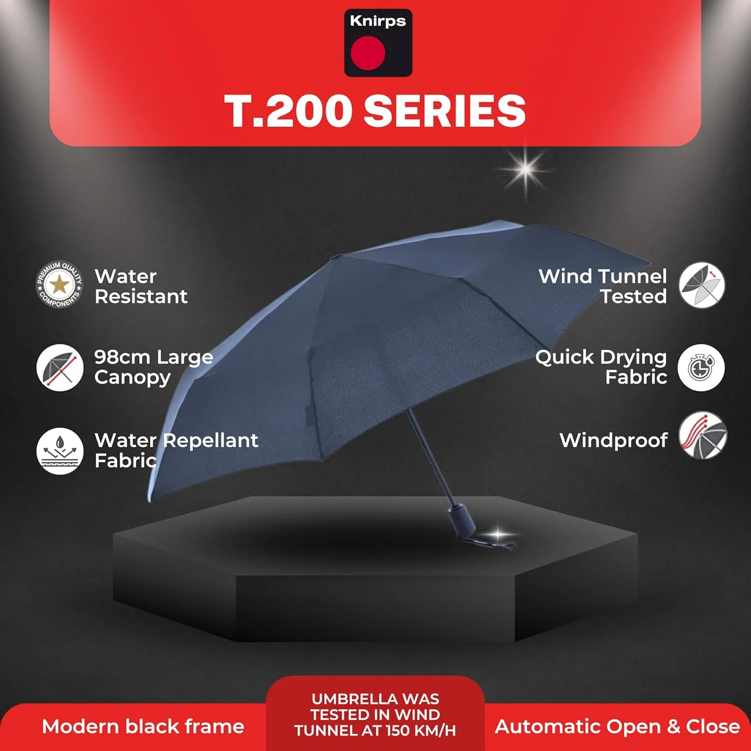 Knirps T.200 Medium Duomatic Automatic Open Close Rain Umbrella for Adults - Portable Weather Protection - Compact, Fits in Backpack or Purse, Retractable with Carrying Case, Navy, 97cm Diameter