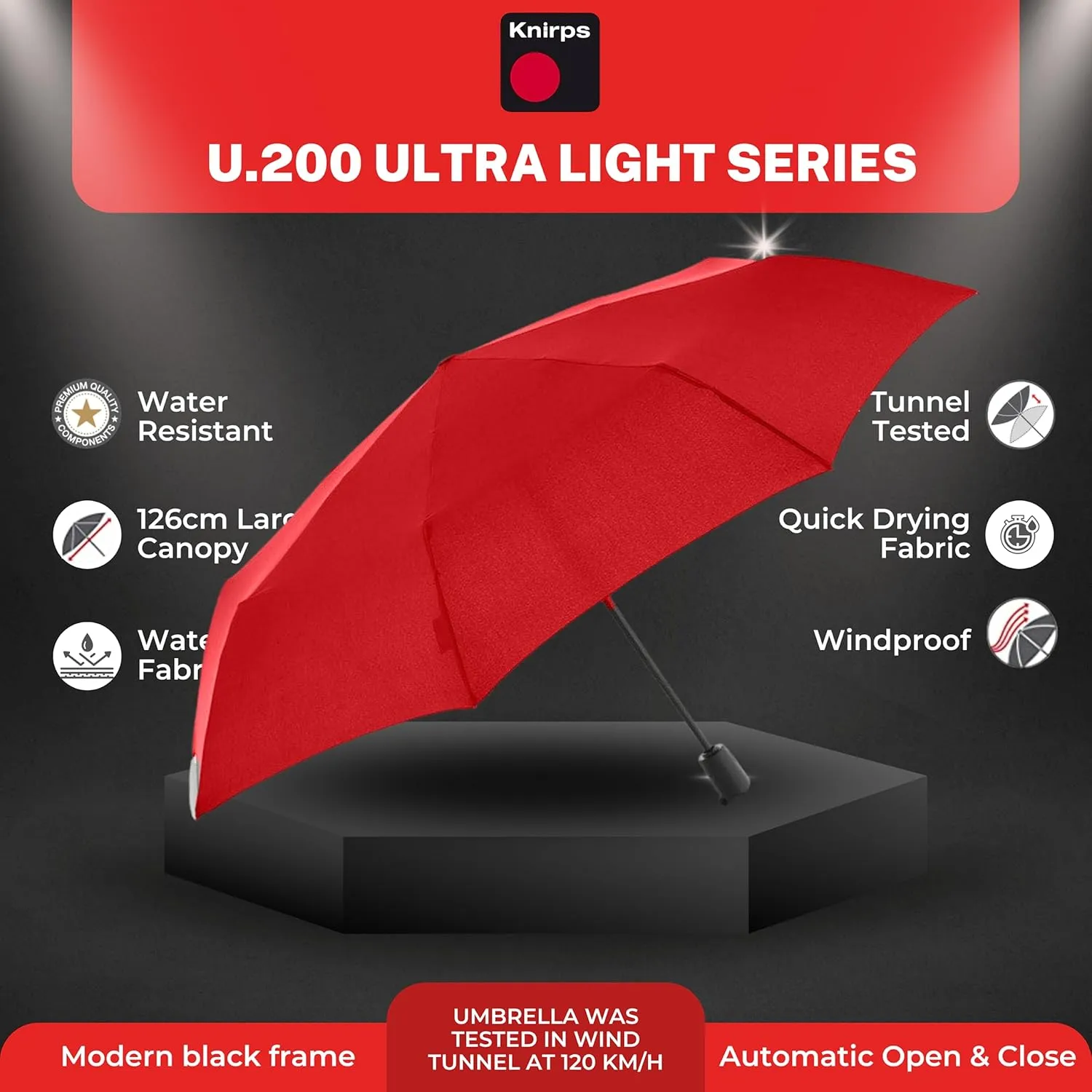 Knirps U.200 Ultra Light Duomatic Automatic Open Rain Umbrella - Compact Windproof Travel Umbrella for Adults - 97cm Diameter Retractable With Carrying Case