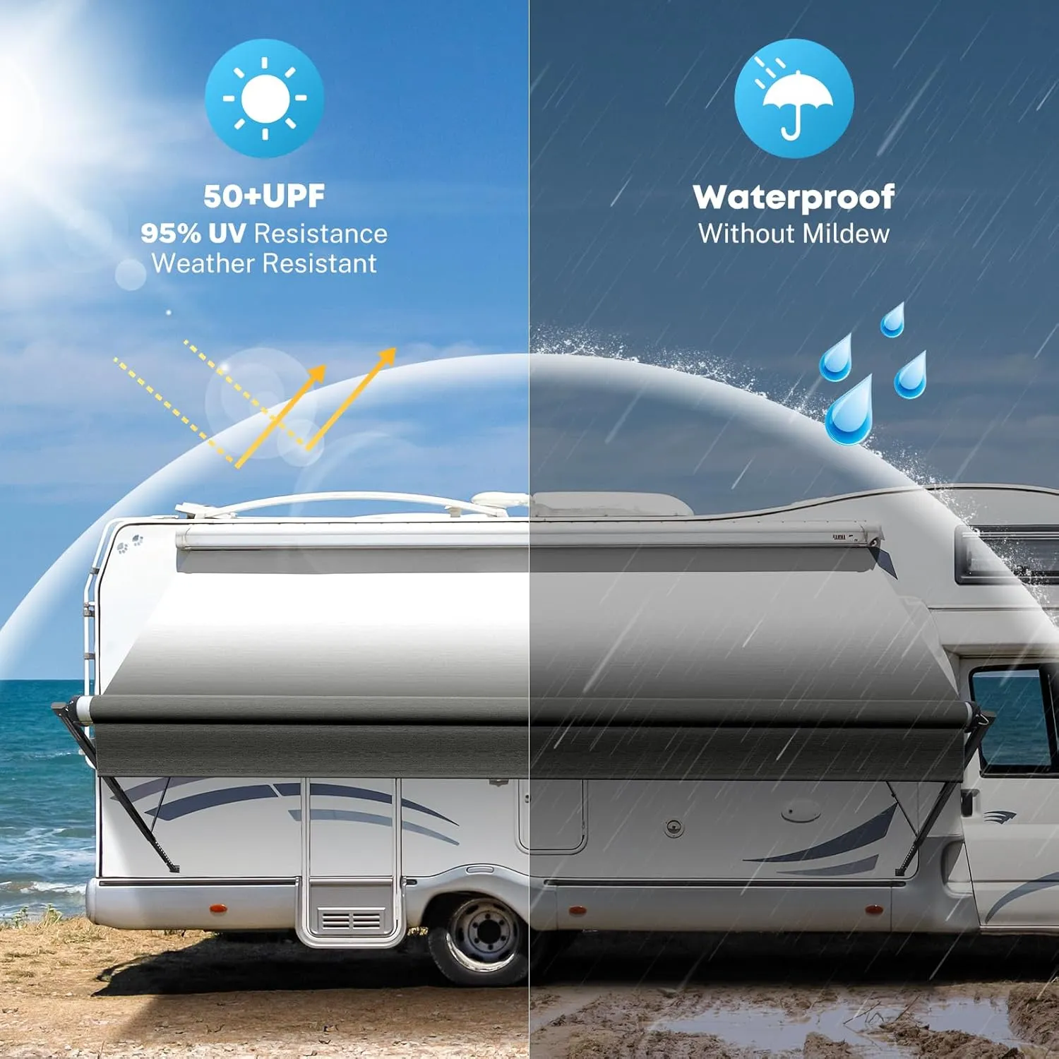 Kohree 16' Rv Awning Fabric Replacement, 19oz Weatherproof Heavy Duty Anti-Fading Awning Replacement with Pull Strap, RV Canopy for Camper, Trailer, Motorhome, Black Fade, (Fabric 15'2")