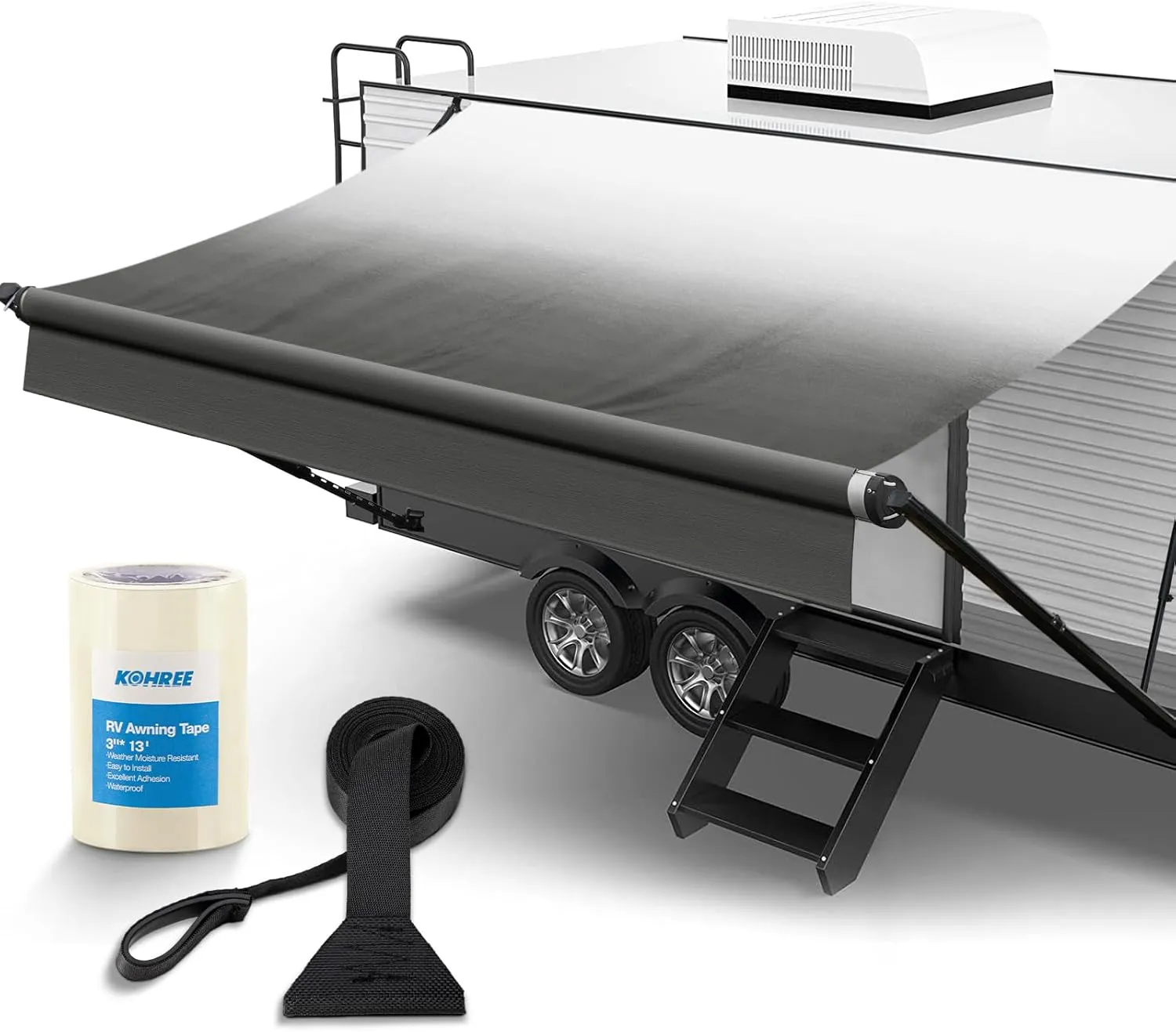 Kohree 16' Rv Awning Fabric Replacement, 19oz Weatherproof Heavy Duty Anti-Fading Awning Replacement with Pull Strap, RV Canopy for Camper, Trailer, Motorhome, Black Fade, (Fabric 15'2")