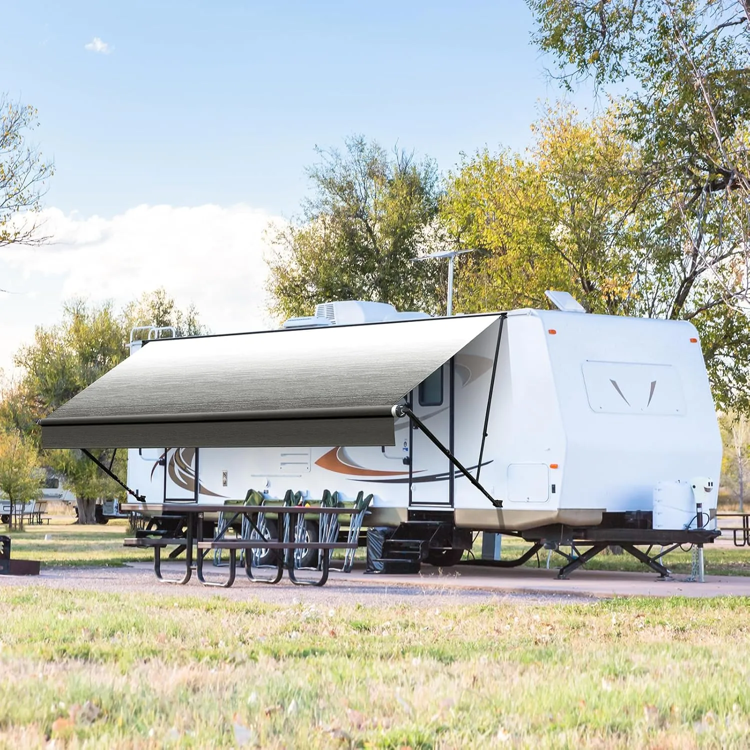 Kohree 16' Rv Awning Fabric Replacement, 19oz Weatherproof Heavy Duty Anti-Fading Awning Replacement with Pull Strap, RV Canopy for Camper, Trailer, Motorhome, Black Fade, (Fabric 15'2")