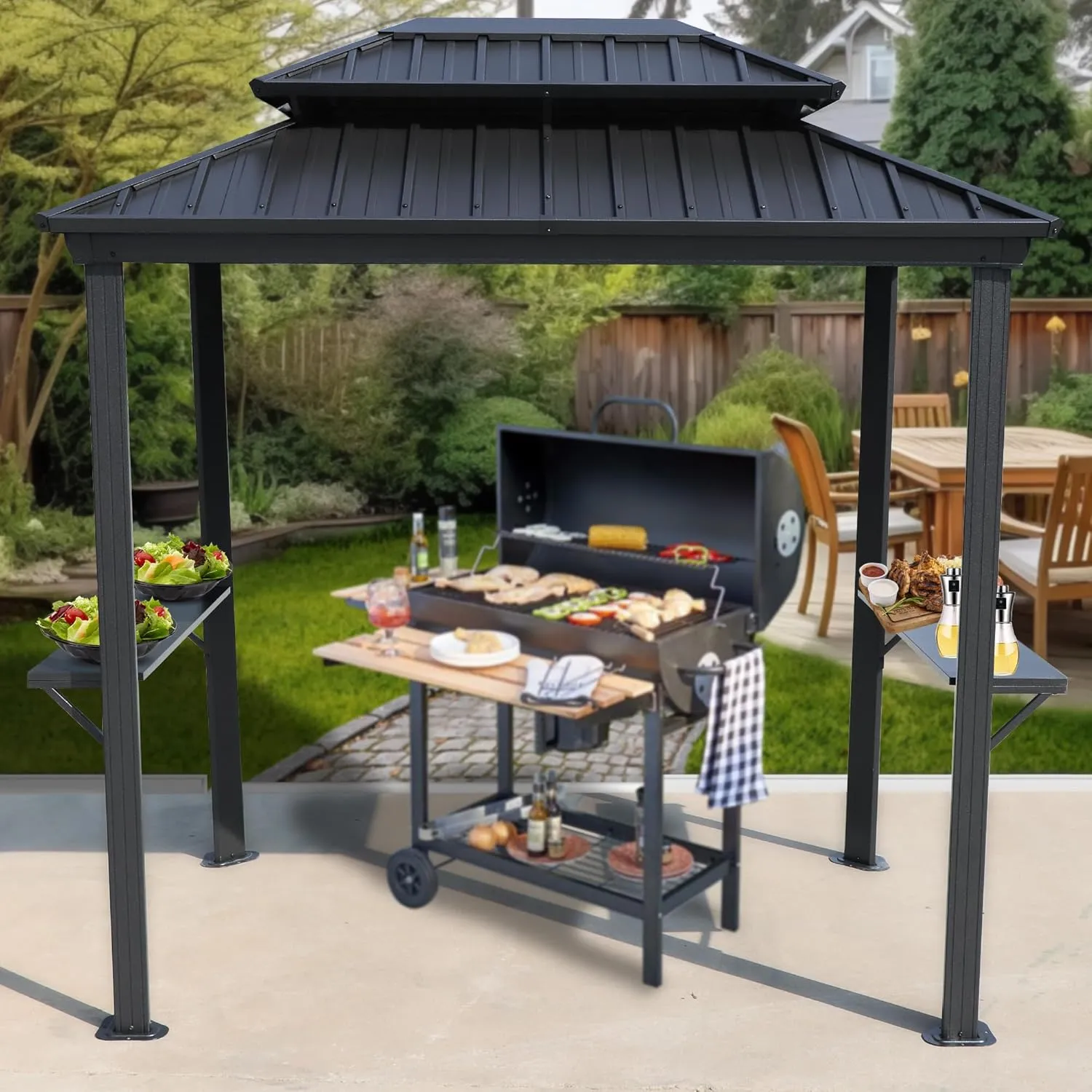 Kozyard 6' x 8' BBQ Hardtop Grill Gazebo, Outdoor Barbecue Shelter with Double Galvanized Metal Roof, Aluminum BBQ Gazebo with 2 Side Shelves for Outdoor Grilling Station (Gray/Hardtop)