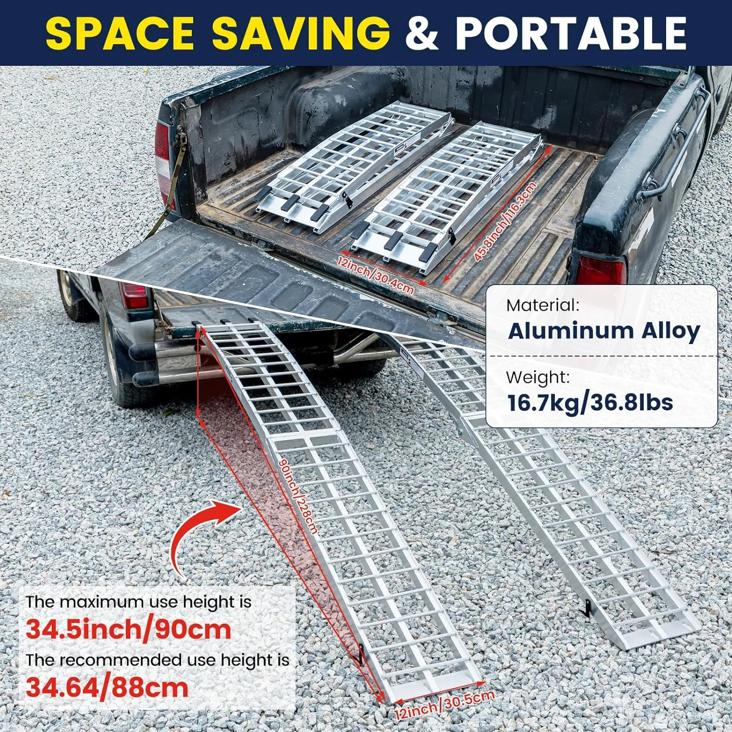 KROAK Aluminum Loading Ramps 1700 Lbs, 7.5ft 2Pcs Folding Powerspots Ramps for Pickup Trucks Bed, Trailers Ramp with Load Straps for Motorcycles, ATV/UTV, Lawn mowers,Tractors, 90"L x 12"W, 2Pcs