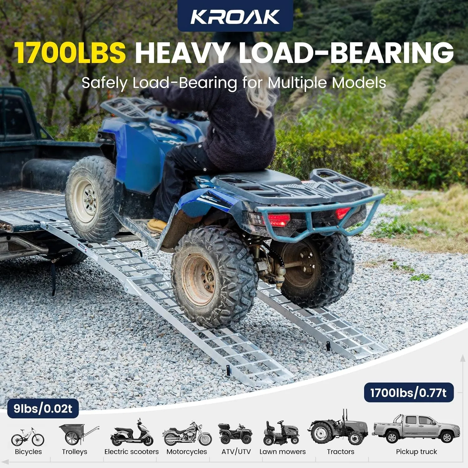 KROAK Aluminum Loading Ramps 1700 Lbs, 7.5ft 2Pcs Folding Powerspots Ramps for Pickup Trucks Bed, Trailers Ramp with Load Straps for Motorcycles, ATV/UTV, Lawn mowers,Tractors, 90"L x 12"W, 2Pcs
