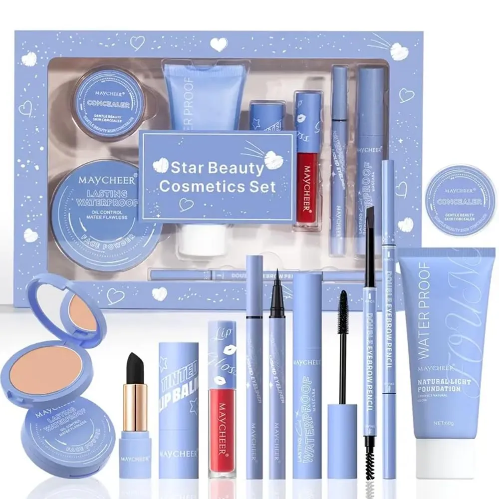 LAMUSELAND Makeup Set Full Kit for Women Teens, Black Eyeliner, Double Eyebrow Pencil, Mascara, Lipsticks, Foundation, Face Powder and Skin Concealer, 8 Pcs Makeup Bundle Gift Set for Girls (A, L)