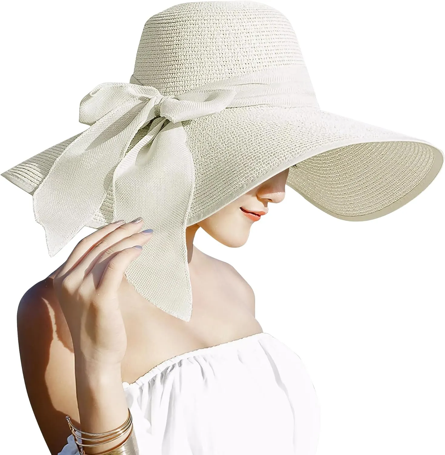 Lanzom Womens 5.5 Inches Big Bowknot Straw Hat Large Floppy Foldable Roll up Beach Cap Sun Hat UPF 50 