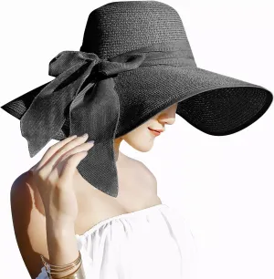 Lanzom Womens 5.5 Inches Big Bowknot Straw Hat Large Floppy Foldable Roll up Beach Cap Sun Hat UPF 50 