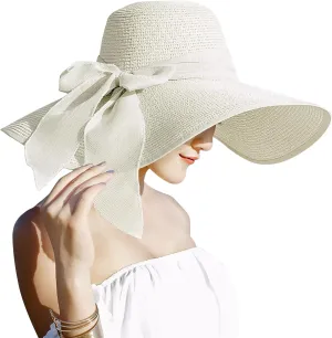 Lanzom Womens 5.5 Inches Big Bowknot Straw Hat Large Floppy Foldable Roll up Beach Cap Sun Hat UPF 50 