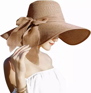 Lanzom Womens 5.5 Inches Big Bowknot Straw Hat Large Floppy Foldable Roll up Beach Cap Sun Hat UPF 50 