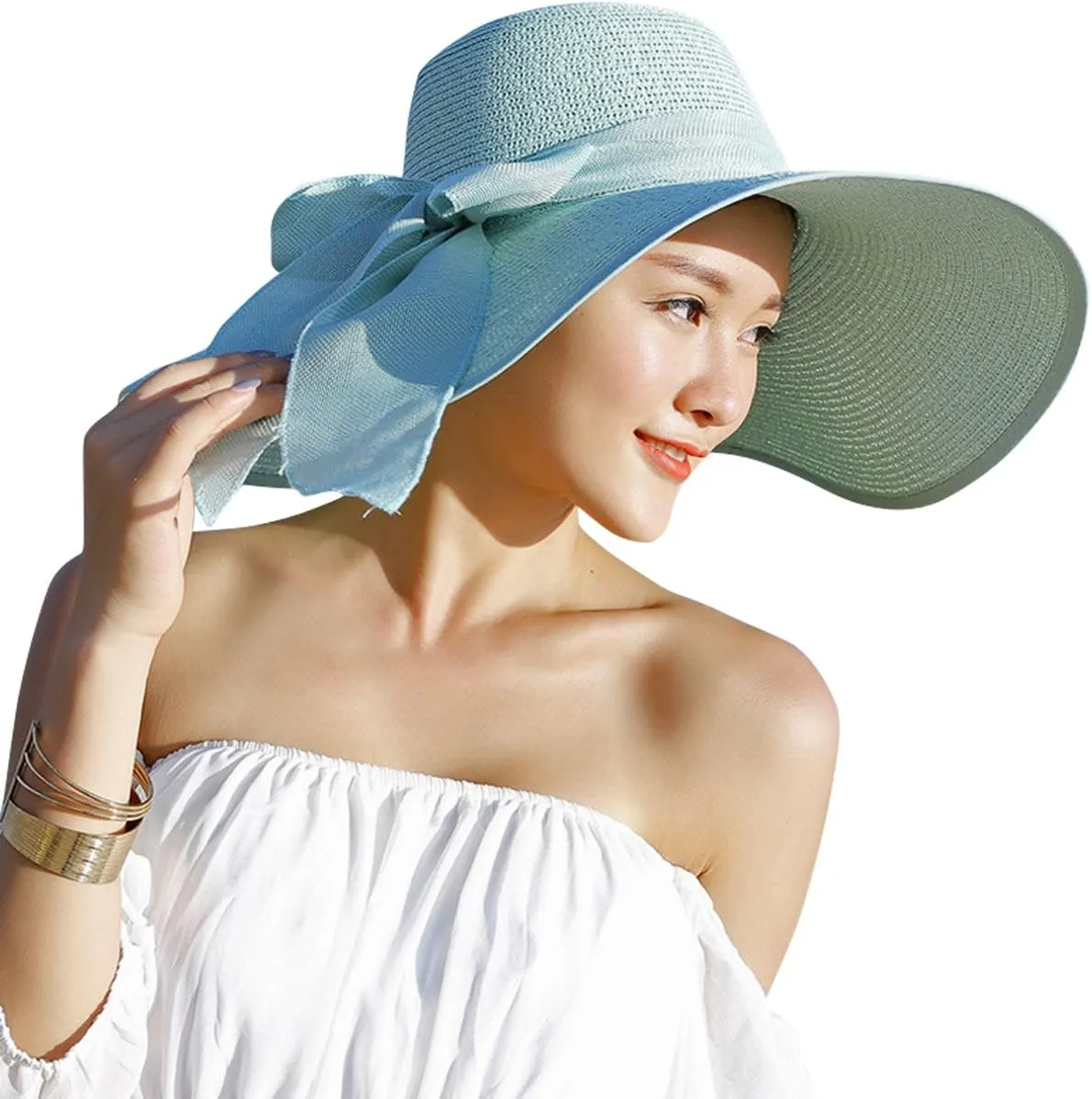 Lanzom Womens 5.5 Inches Big Bowknot Straw Hat Large Floppy Foldable Roll up Beach Cap Sun Hat UPF 50 