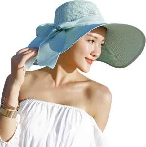 Lanzom Womens 5.5 Inches Big Bowknot Straw Hat Large Floppy Foldable Roll up Beach Cap Sun Hat UPF 50 
