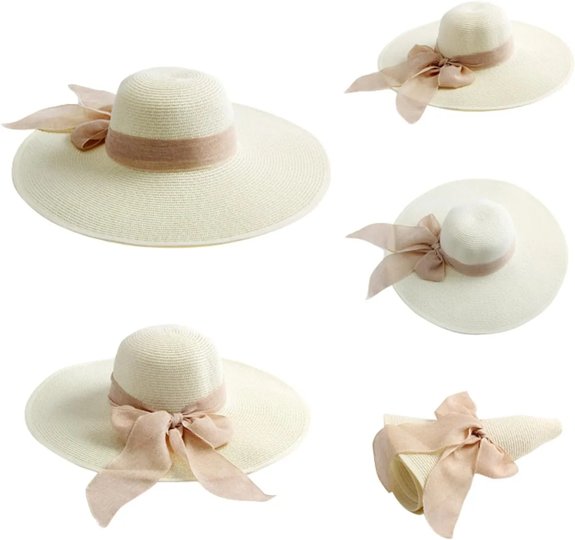 Lanzom Womens 5.5 Inches Big Bowknot Straw Hat Large Floppy Foldable Roll up Beach Cap Sun Hat UPF 50 