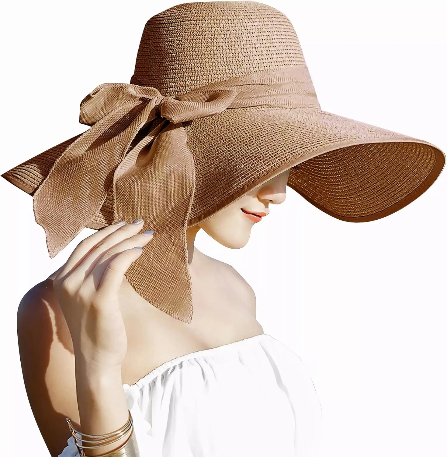 Lanzom Womens 5.5 Inches Big Bowknot Straw Hat Large Floppy Foldable Roll up Beach Cap Sun Hat UPF 50 