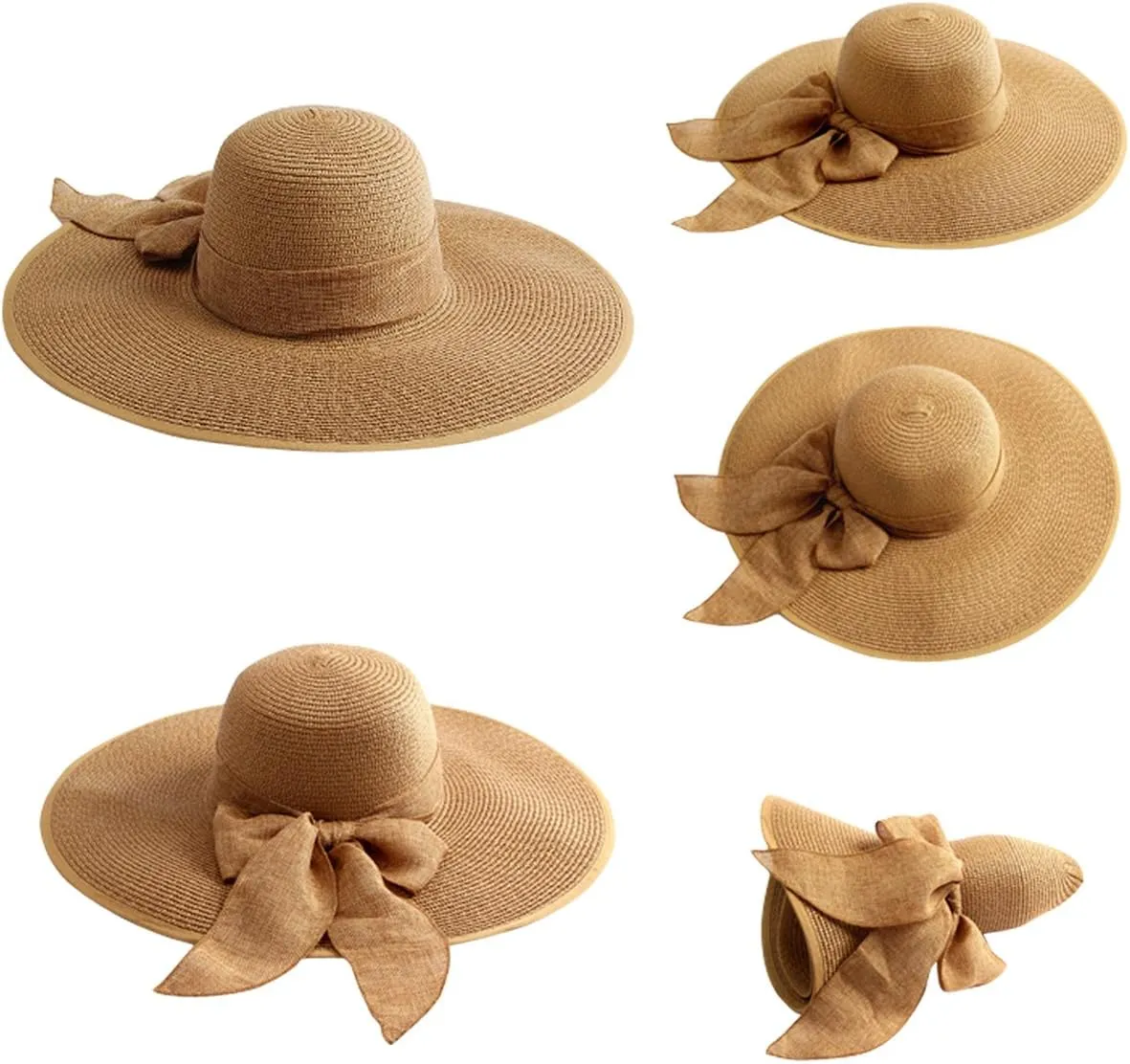 Lanzom Womens 5.5 Inches Big Bowknot Straw Hat Large Floppy Foldable Roll up Beach Cap Sun Hat UPF 50 