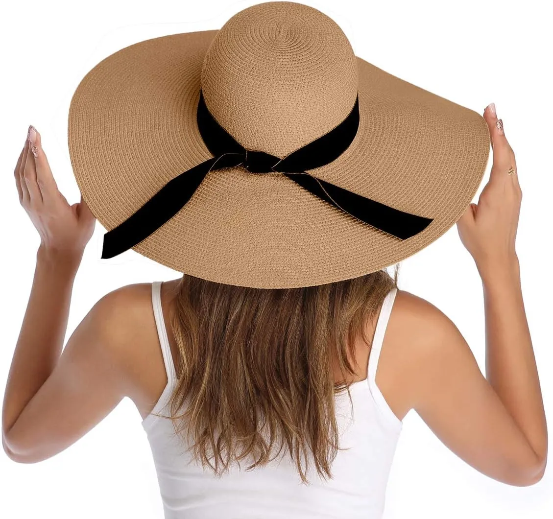 Lanzom Womens Wide Brim Straw Hat Big Floppy Foldable Roll up Cap Beach Sun Hat UPF 50 