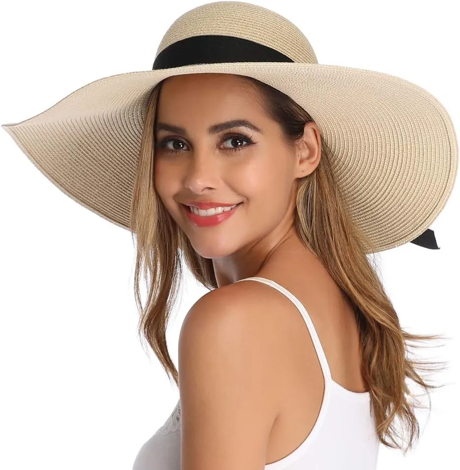 Lanzom Womens Wide Brim Straw Hat Big Floppy Foldable Roll up Cap Beach Sun Hat UPF 50 
