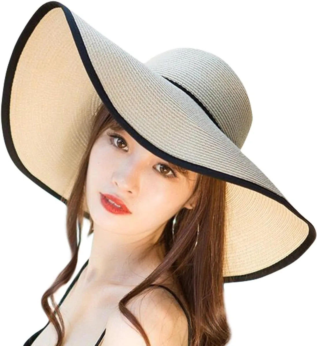 Lanzom Womens Wide Brim Straw Hat Big Floppy Foldable Roll up Cap Beach Sun Hat UPF 50 