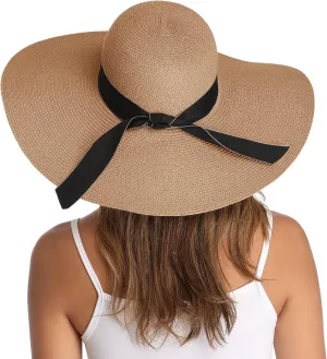 Lanzom Womens Wide Brim Straw Hat Big Floppy Foldable Roll up Cap Beach Sun Hat UPF 50 