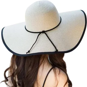 Lanzom Womens Wide Brim Straw Hat Big Floppy Foldable Roll up Cap Beach Sun Hat UPF 50 