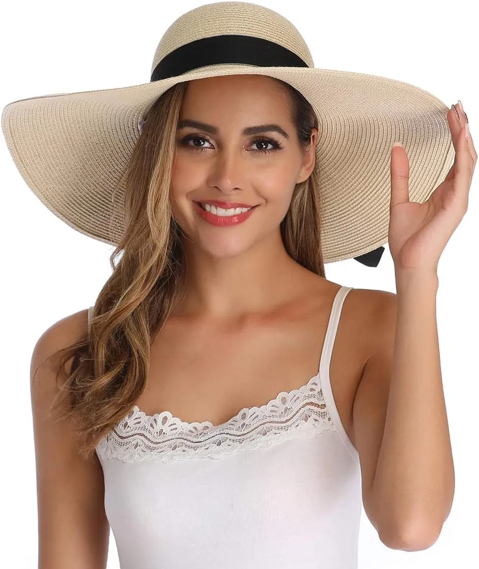Lanzom Womens Wide Brim Straw Hat Big Floppy Foldable Roll up Cap Beach Sun Hat UPF 50 