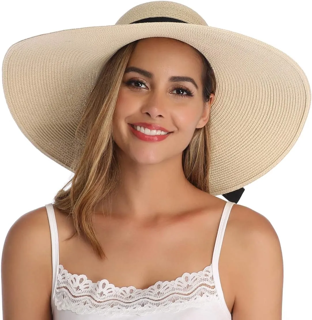 Lanzom Womens Wide Brim Straw Hat Big Floppy Foldable Roll up Cap Beach Sun Hat UPF 50 