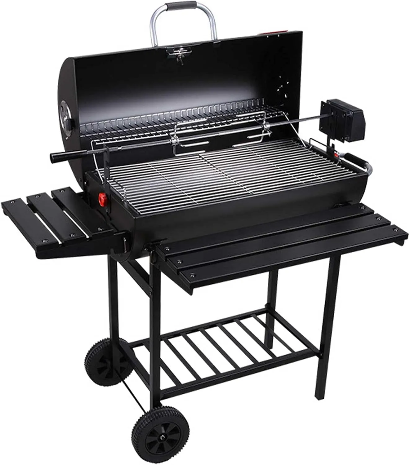 Large Charcoal Grill Trolley Barbecue Grill Rotisserie Grill Roaster Backyard Garden Smoker Barbecue W/Shelf Side Table Wheels Thermometer