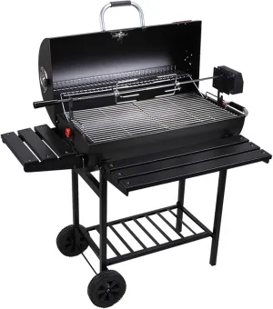 Large Charcoal Grill Trolley Barbecue Grill Rotisserie Grill Roaster Backyard Garden Smoker Barbecue W/Shelf Side Table Wheels Thermometer