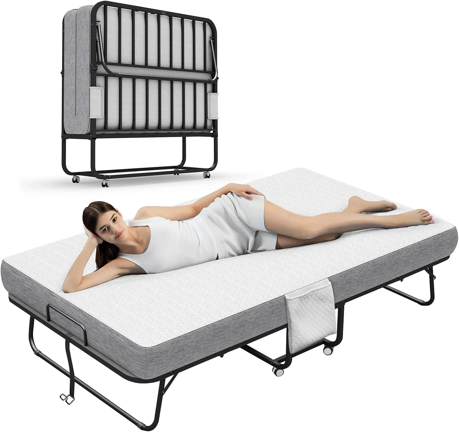 Large Folding Bed with Mattress, 75‘’x46‘’ RollAway Bed for Guest, Extra Wide and Comfortable Sleep