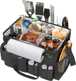 Large Grill Utensil Caddy with Paper Towel Holder, Outdoor Picnic Bag Organizer for BBQ Supplies Tool, Tailgating Accessory Basket Camping Gear Must Haves for Cook Essentials, Black, Bag Only