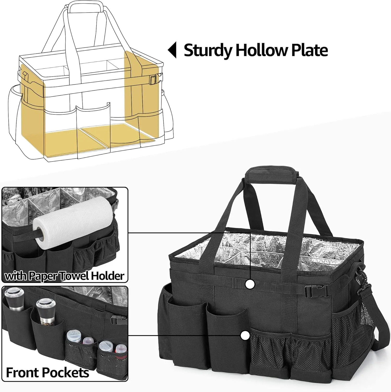 Large Grill Utensil Caddy with Paper Towel Holder, Outdoor Picnic Bag Organizer for BBQ Supplies Tool, Tailgating Accessory Basket Camping Gear Must Haves for Cook Essentials, Black, Bag Only