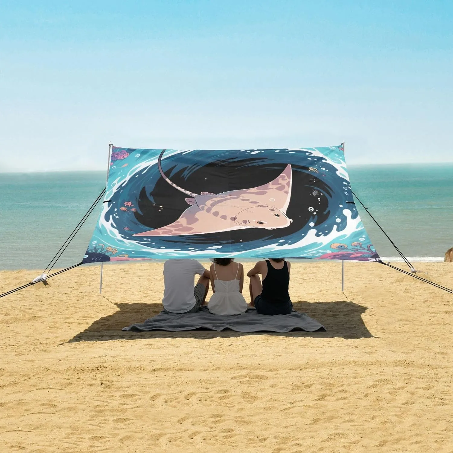 Large Ray Vortex Beach Canopy Tent Anti-UV & Wind Resistant, Camping Sun Shelter Easy Setup Portable,Outdoor Shade Tents with Sandbags,Sand Shovels,Ground Pegs & Stability Poles