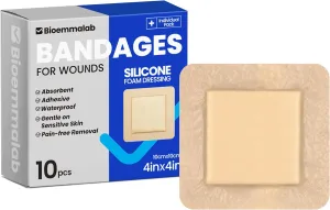 Large Waterproof Bandages 4x4 Silicone Foam Dressing for Sensitive Skin Wound Care, Adhesive Cohesive Pad with Border for First Aid, 10 Packs, Post Surgical and Trauma Care, Burn, HSA FSA Eligible