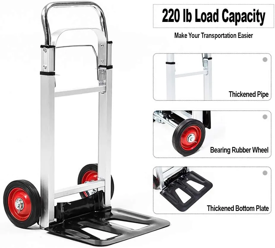 LEADALLWAY Hand Truck Aluminum Foldable Hand Cart with 6" Wheels 220 lbs Capacity