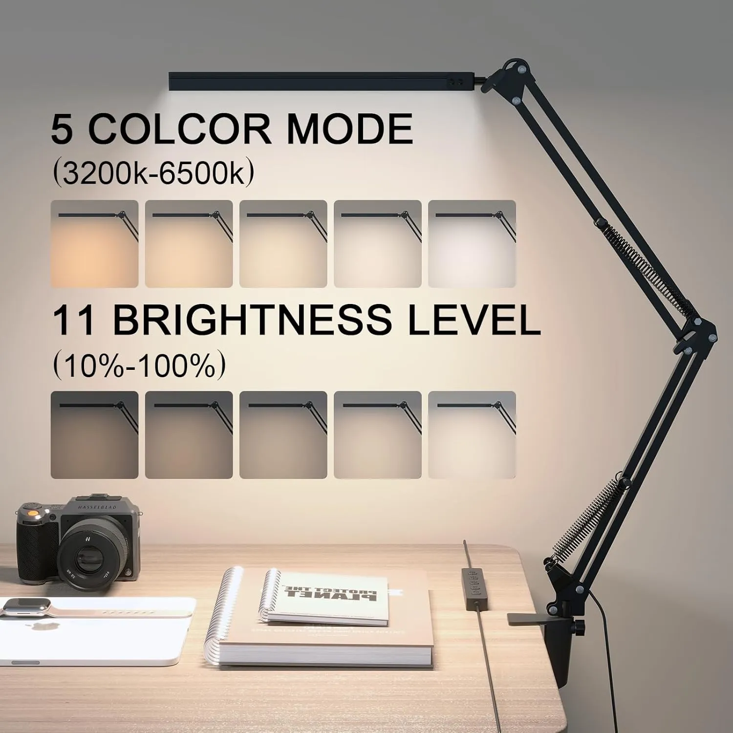 LED Desk Lamp for Home Office and Round Base, Clamp-On with 5 Light Modes & Auto Shut Off | 14W Adjustable Brightness 5000K Eye-Caring Lighting for Study/Bedroom/Computer Desk
