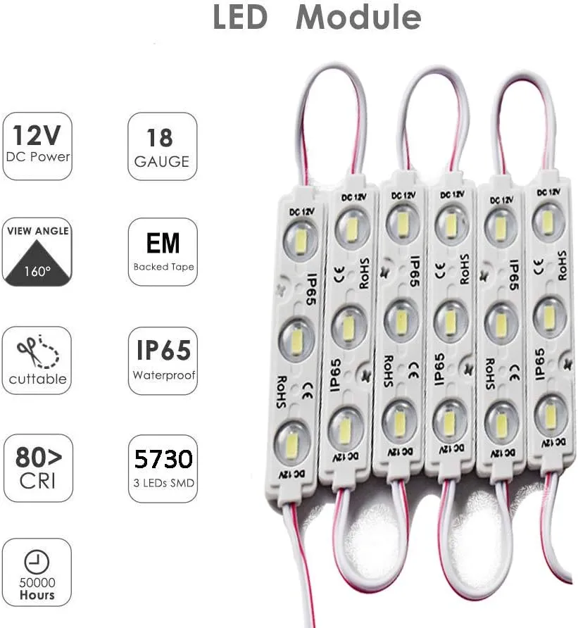 LED Module,Replacement Lights For Inflatables White 20pcs 9.8 Ft 5730 SMD 150LM Per LED Module IP65 Waterproof Christmas Inflatables Light for Letter Sign with Tape Adhesive Backside (White Light)