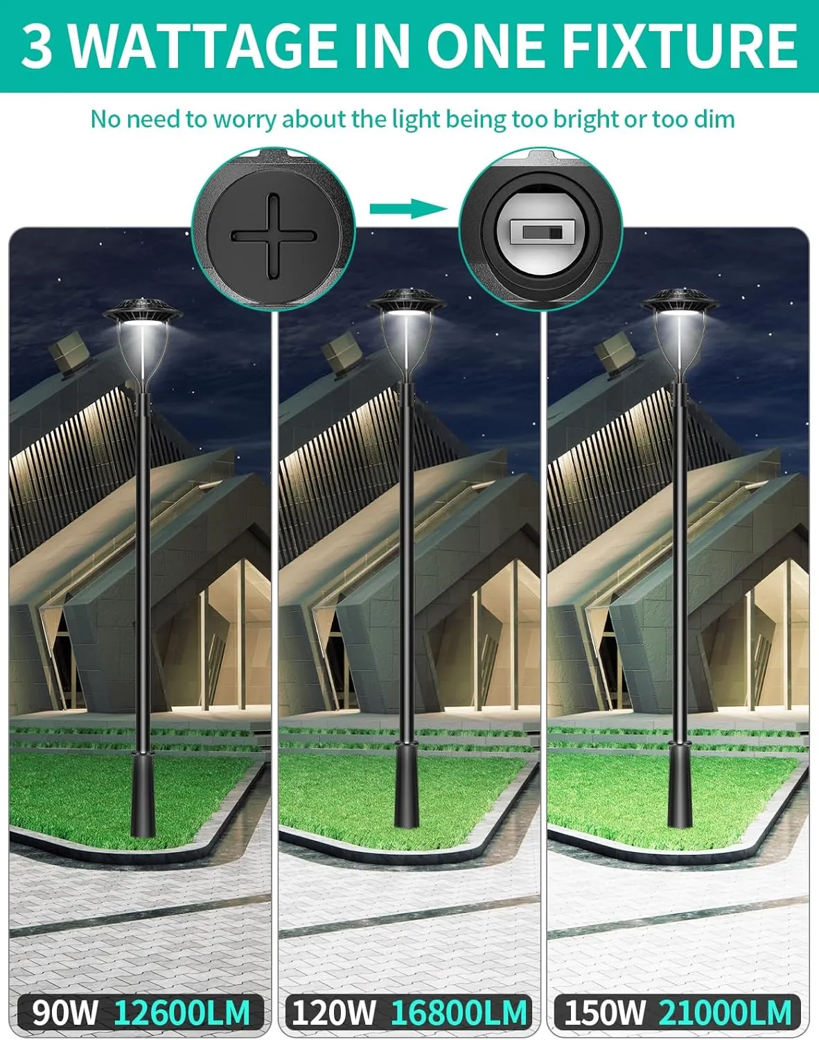 LED Post Top Light ETL DLC Listed 150W 120W 90W Adjustable Outdoor Pole Lights with Photocell IP65 Waterproof Post LED Fixture 5000K for Garden Yard Street