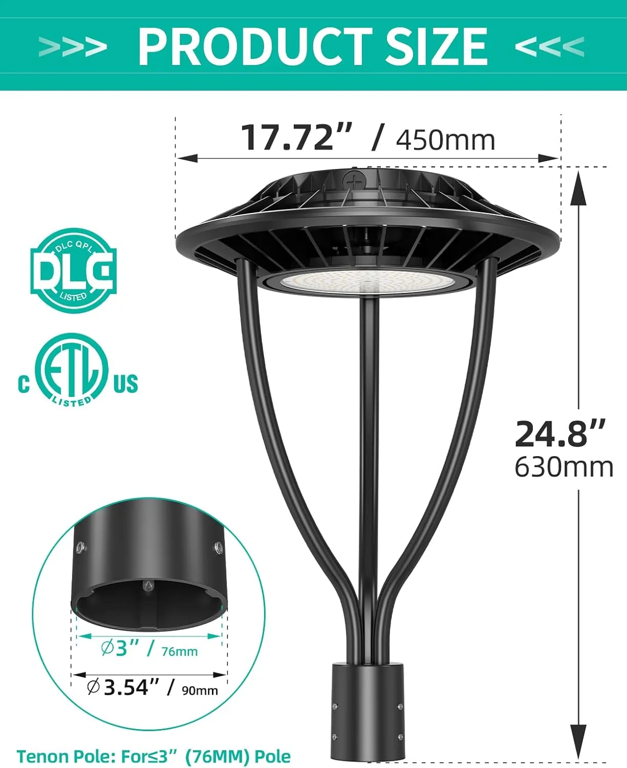 LED Post Top Light ETL DLC Listed 150W 120W 90W Adjustable Outdoor Pole Lights with Photocell IP65 Waterproof Post LED Fixture 5000K for Garden Yard Street