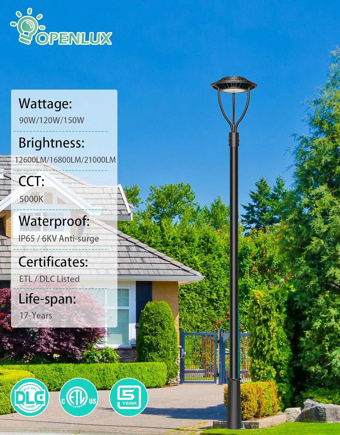 LED Post Top Light ETL DLC Listed 150W 120W 90W Adjustable Outdoor Pole Lights with Photocell IP65 Waterproof Post LED Fixture 5000K for Garden Yard Street