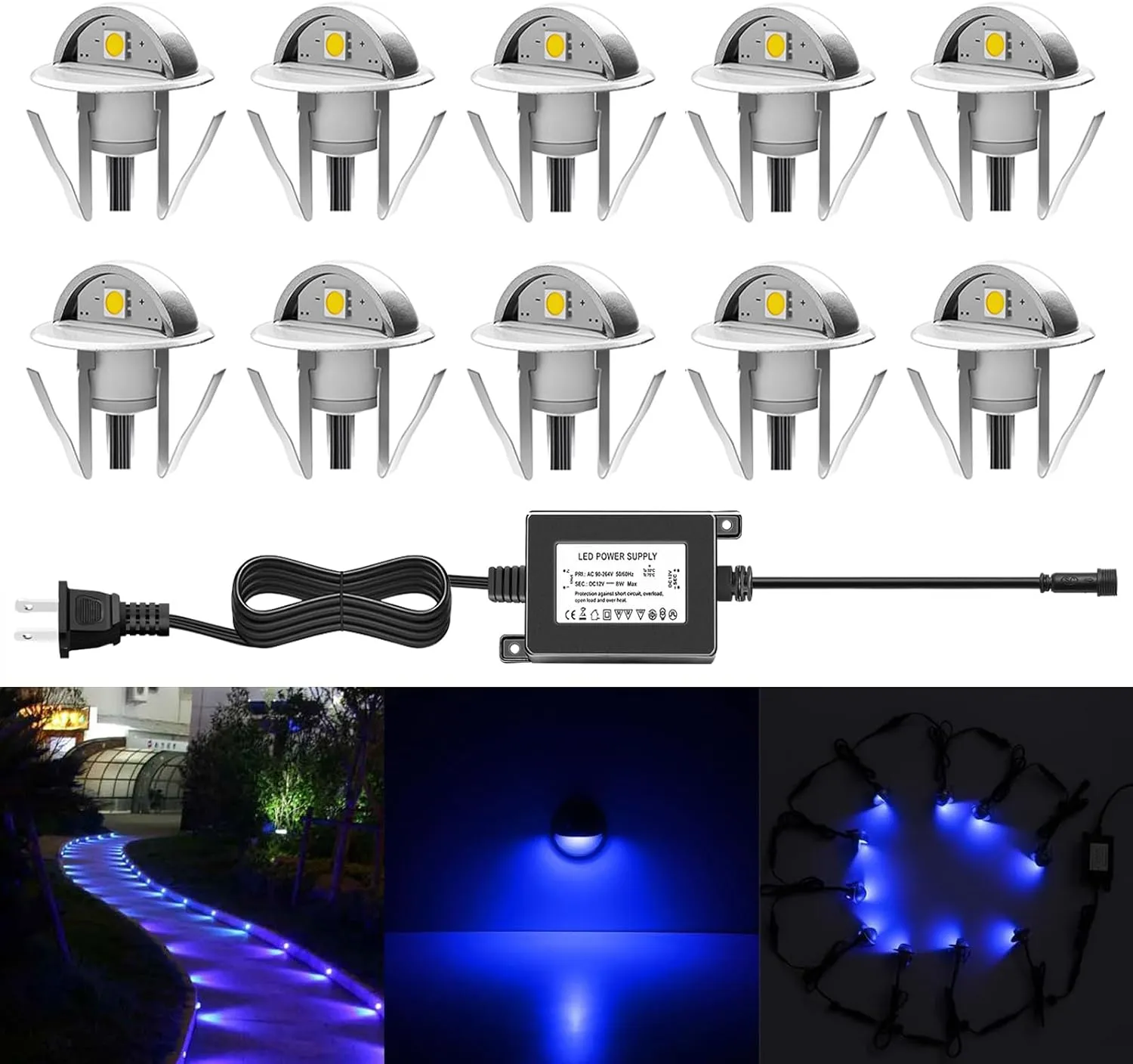 LED Stair Lights Kit Low Voltage Waterproof IP65 Outdoor 1-2/5" Stainless Steel Recessed Wood Deck Lighting Yard Garden Patio Step Landscape Pathway LED Light Blue (Pack 10pcs)