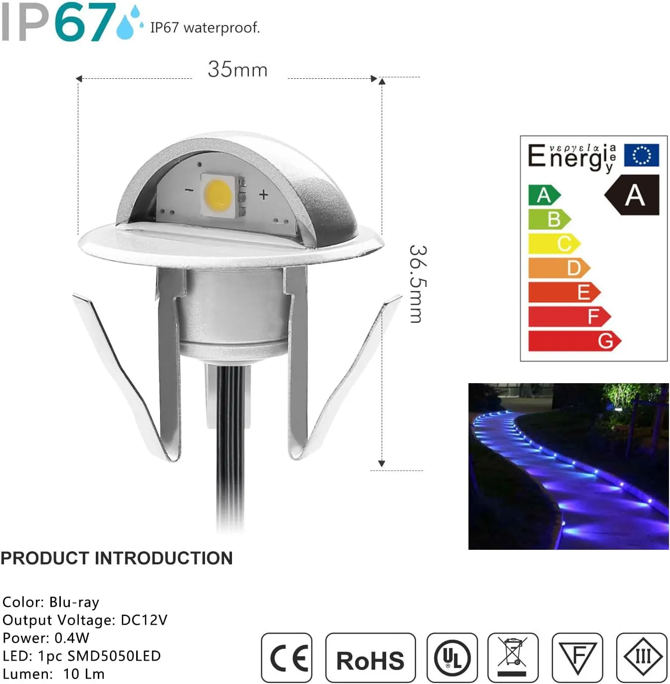 LED Stair Lights Kit Low Voltage Waterproof IP65 Outdoor 1-2/5" Stainless Steel Recessed Wood Deck Lighting Yard Garden Patio Step Landscape Pathway LED Light Blue (Pack 10pcs)
