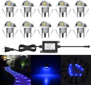 LED Stair Lights Kit Low Voltage Waterproof IP65 Outdoor 1-2/5" Stainless Steel Recessed Wood Deck Lighting Yard Garden Patio Step Landscape Pathway LED Light Blue (Pack 10pcs)