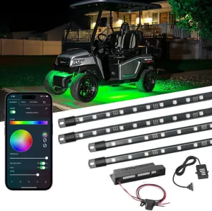 LEDGlow 4pc Bluetooth Million Color LED 4-Seater Golf Cart Underglow Accent Neon Lighting Kit - Smartphone App Creates Any Color & More Features - Fits 12-Volt Powered Standard Wheelbase Models